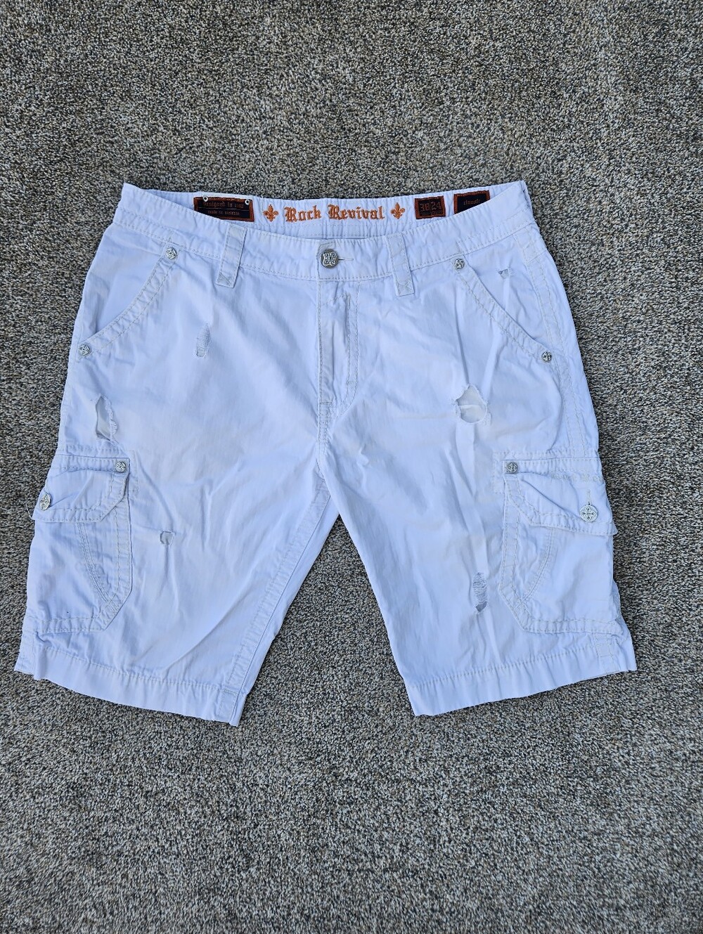 Rock Revival White Cargo Shorts Distressed Thick Stitch Classic Fit Mens Size 38